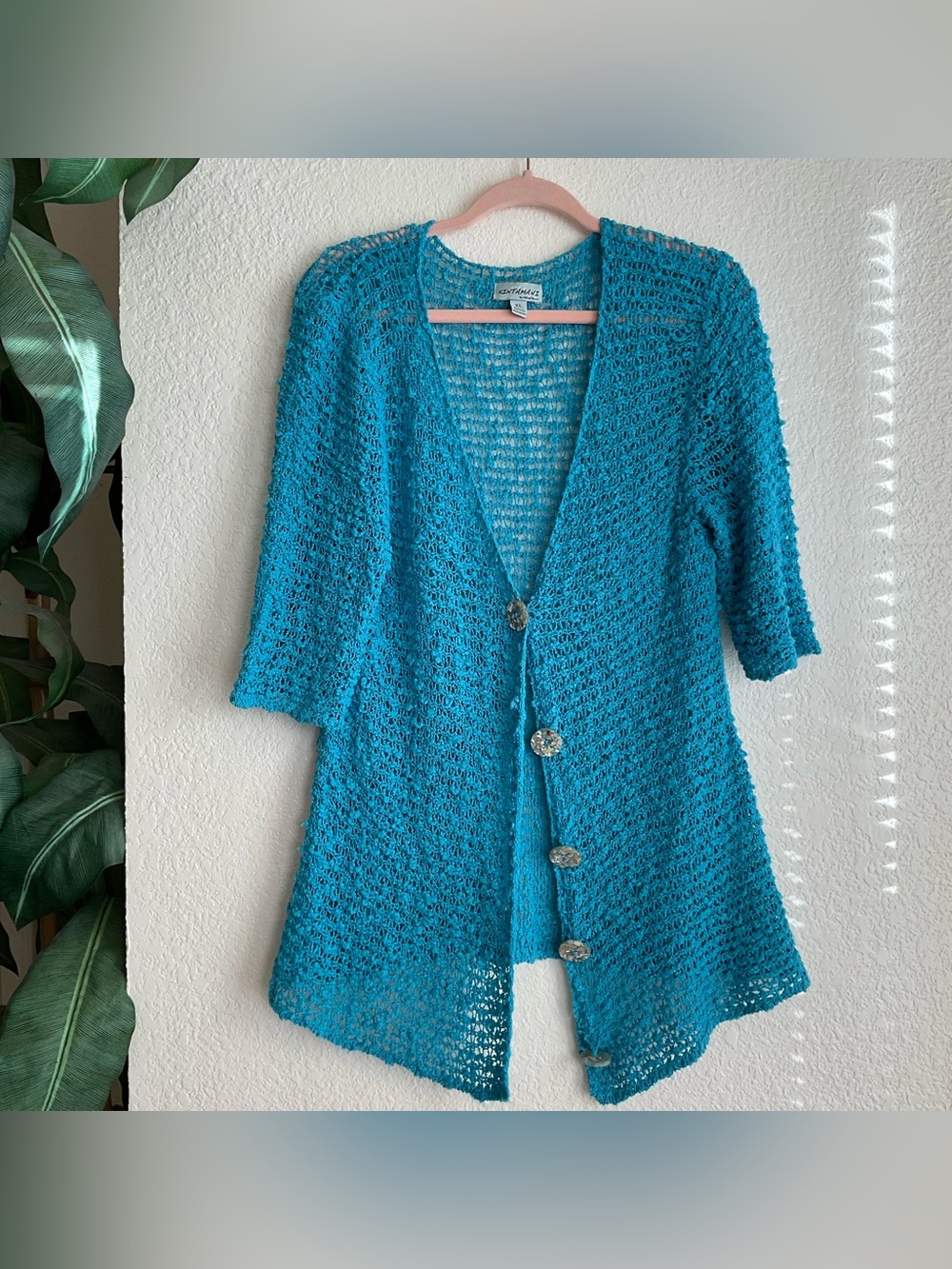 Vintage Blue crochet cardigan with button front